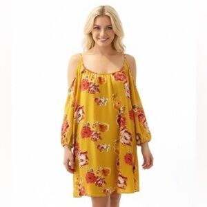 Wilde large floral mustard cold shoulder dress